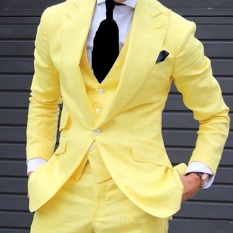 Yellow Slim Fit Prom Suits for Men 3 Piece Set Jacket with Pants Vest Latest Coat Casual Design Male Fashion Smoking Clothes - SHOWLU FASHION STORE