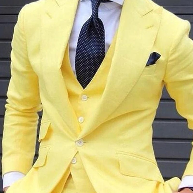 Yellow Slim Fit Prom Suits for Men 3 Piece Set Jacket with Pants Vest Latest Coat Casual Design Male Fashion Smoking Clothes - SHOWLU FASHION STORE