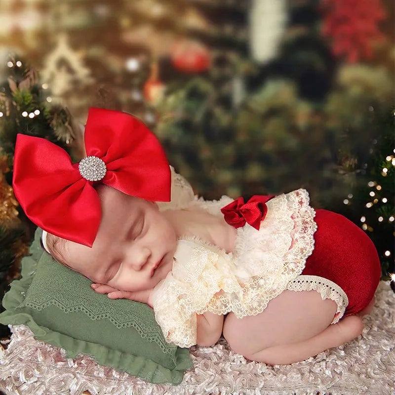 Ylsteed newborn lace romper and matching bow headband for baby girl, perfect for Christmas photos and special occasions.