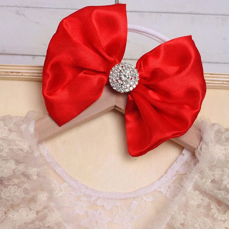 Ylsteed Newborn Lace Romper with Matching Ribbon Bow Headband Baby Girl Christmas Photography Outfits Red Rhinestone Hairband - SHOWLU FASHION STORE