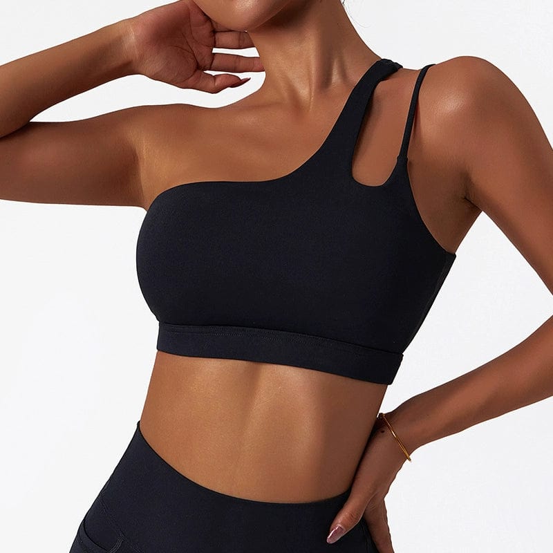 Showlu Fashion women's nylon yoga sports bra with full cups, designed for running and active wear, in a close-up shot.