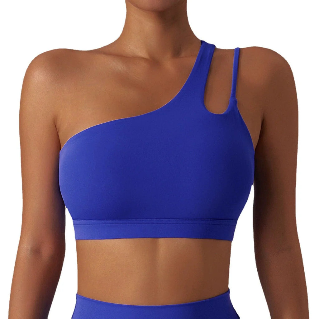 Showlu Fashion women's nylon yoga sports bra with full cup design, ideal for running and active workouts.