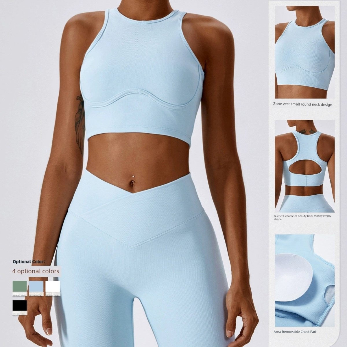 Showlu Fashion hollow-out nylon yoga sports vest with chest pad, featuring a tight fit and breathable design for active wear.