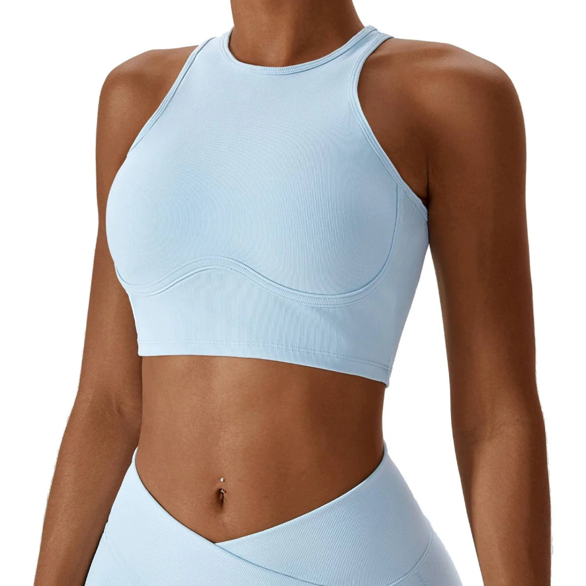 Showlu Fashion hollow-out nylon yoga sports vest with chest pad, tight fit and breathable design for active workouts.