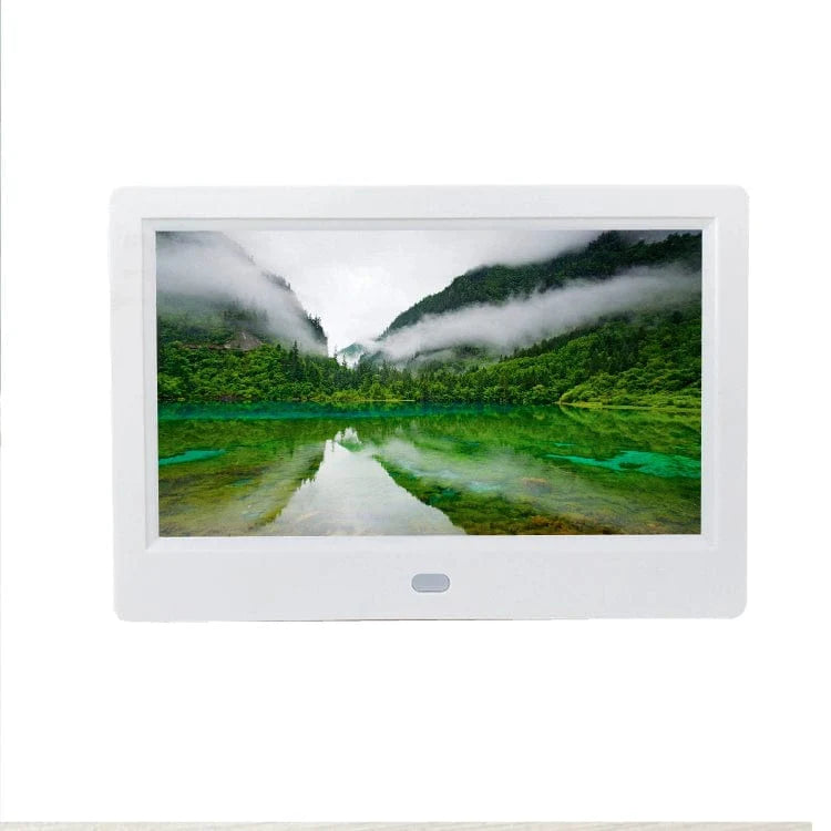 Yunzhixing 10-inch IPS digital photo frame displaying colorful photos, with HD video and music playback capabilities.