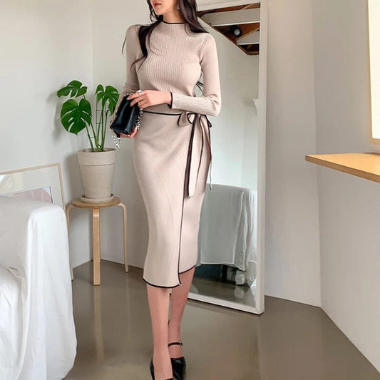 YuooMuoo Chic Fashion Knitted Dresses 2024 Autumn Winter Women Lace - up Long Sleeve Sweater Dress Elegant Office Lady Vestidos - SHOWLU FASHION STORE