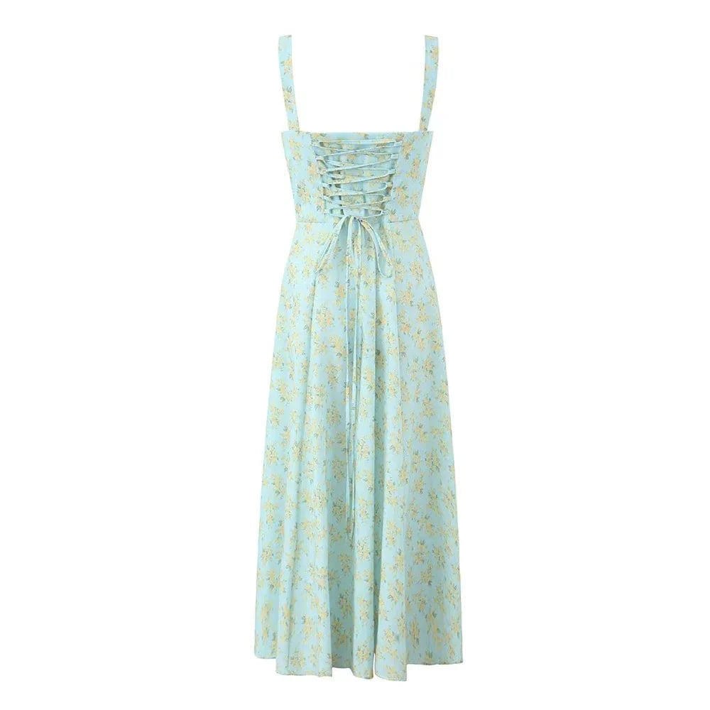 Zach Ailsa flower print square neck spaghetti strap summer dress by Showlu Fashion, sleeveless A-line design with a slim fit and floral pattern.
