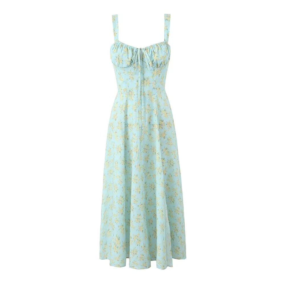 Zach Ailsa flower print square neck summer dress with spaghetti straps, A-line fit, sleeveless, and feminine floral pattern.