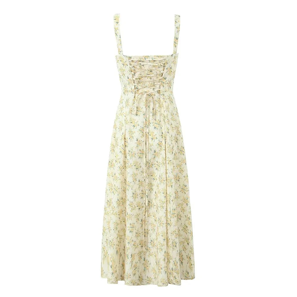 Zach Ailsa flower print summer dress with square neckline, spaghetti straps, sleeveless A-line design, slim fit from Showlu Fashion