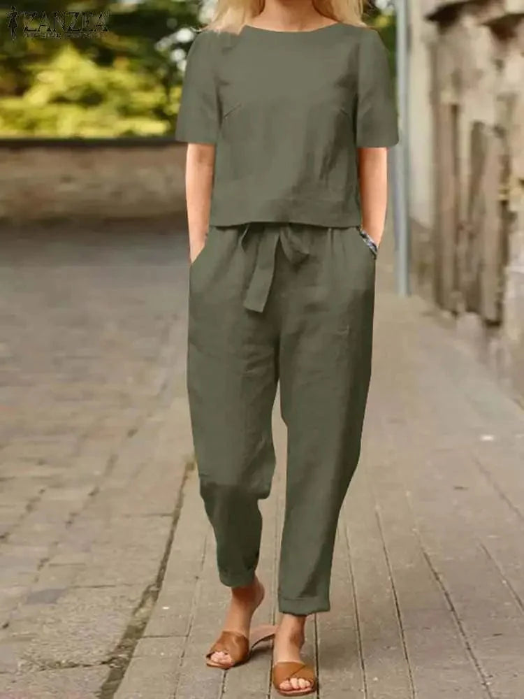 ZANZEA Women's 100% Cotton two-piece harem pants and short-sleeve blouse set, casual and loose summer outfit.