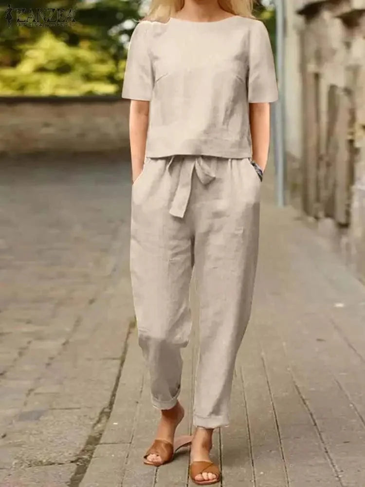 ZANZEA Women's 100% Cotton two-piece set featuring a short-sleeve blouse and loose harem pants, casual summer outfit.