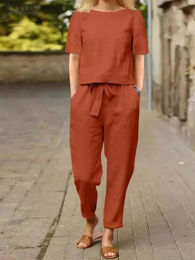 ZANZEA Women's 100% cotton two-piece set with short-sleeve blouse and loose harem pants, casual summer outfit in solid color.