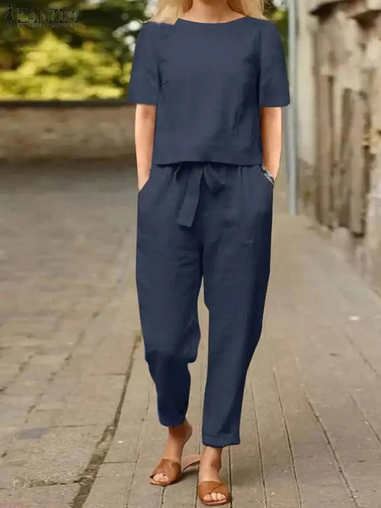 ZANZEA women's 100% cotton two-piece set with short-sleeve blouse and loose harem pants, casual summer outfit in solid color