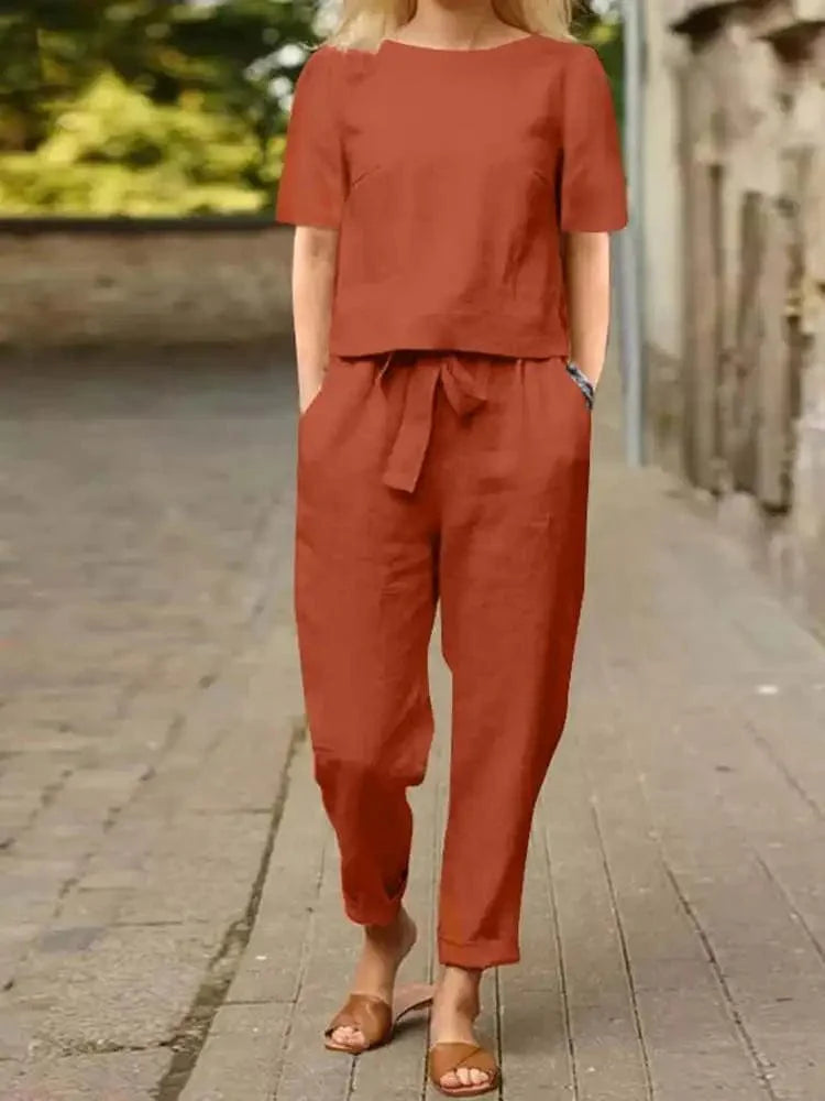 ZANZEA women's 100% cotton two-piece set with loose harem pants and short-sleeve blouse, casual summer outfit for women.