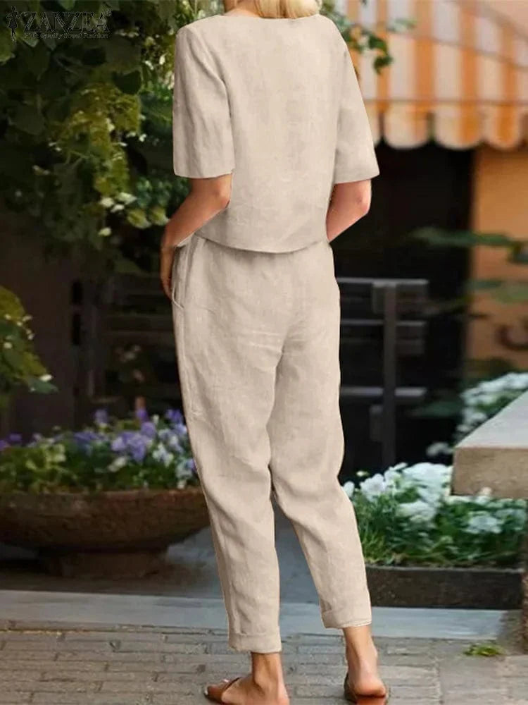 ZANZEA women's 100% cotton two-piece set featuring short-sleeve blouse and loose harem pants for casual summer wear.