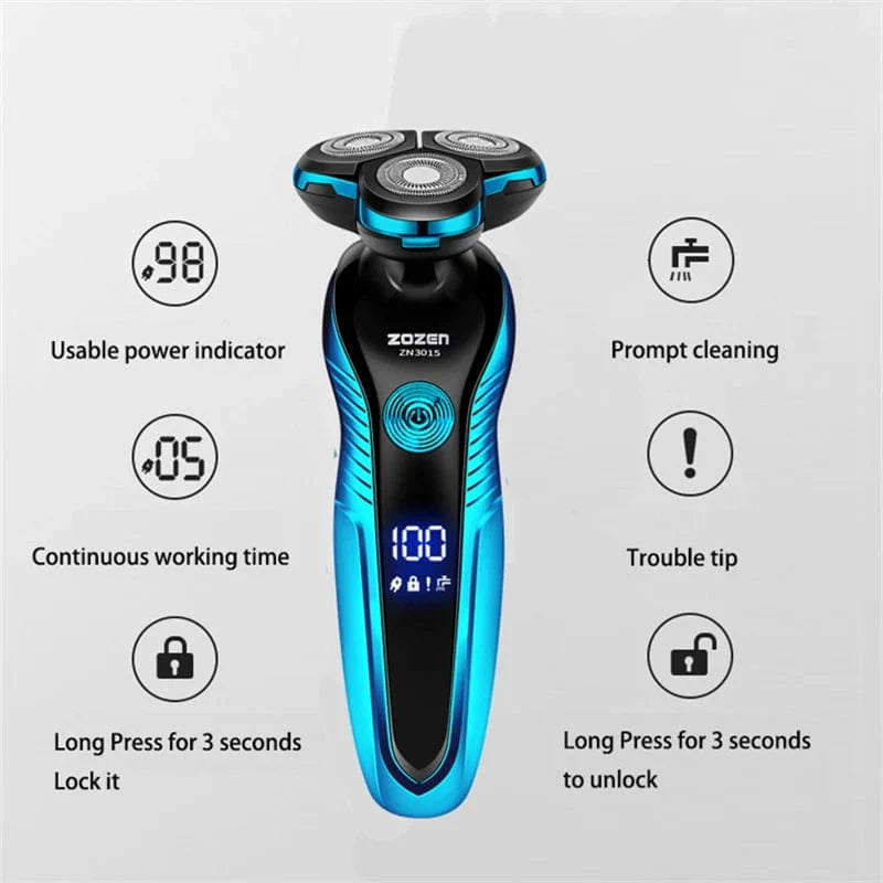ZOZEN Electric Shaver for men, rechargeable wet and dry rotary razor with beard trimmer and hair clipper features.
