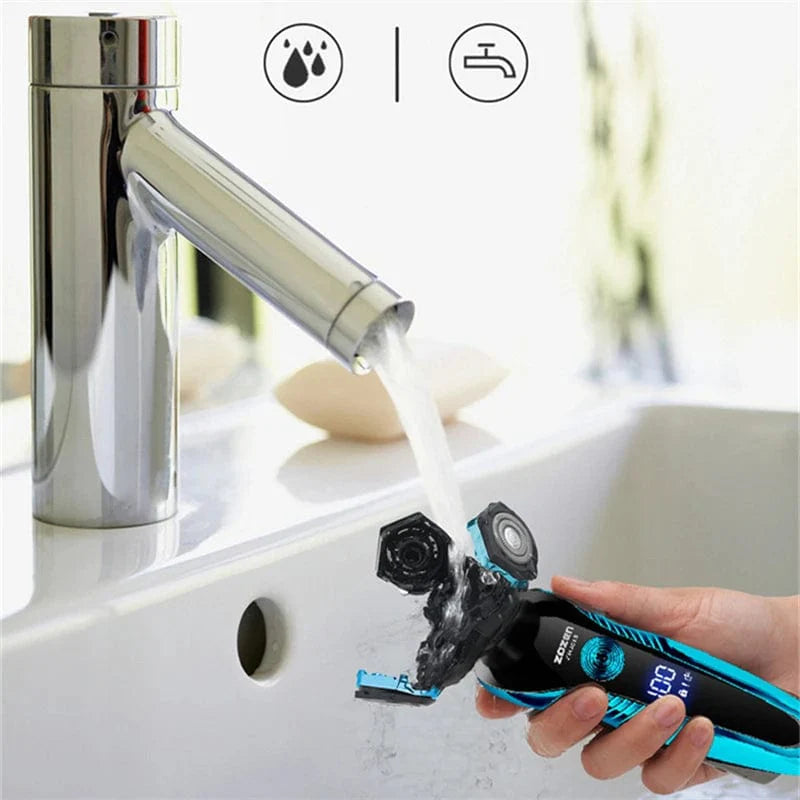 ZOZEN electric shaver for men with rotary blades, rechargeable, wet and dry use, featuring a sleek design and beard trimming capability.