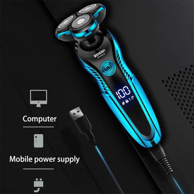 ZOZEN Electric Shaver for men, rechargeable wet and dry rotary razor with beard trimmer and hair clipper attachment.