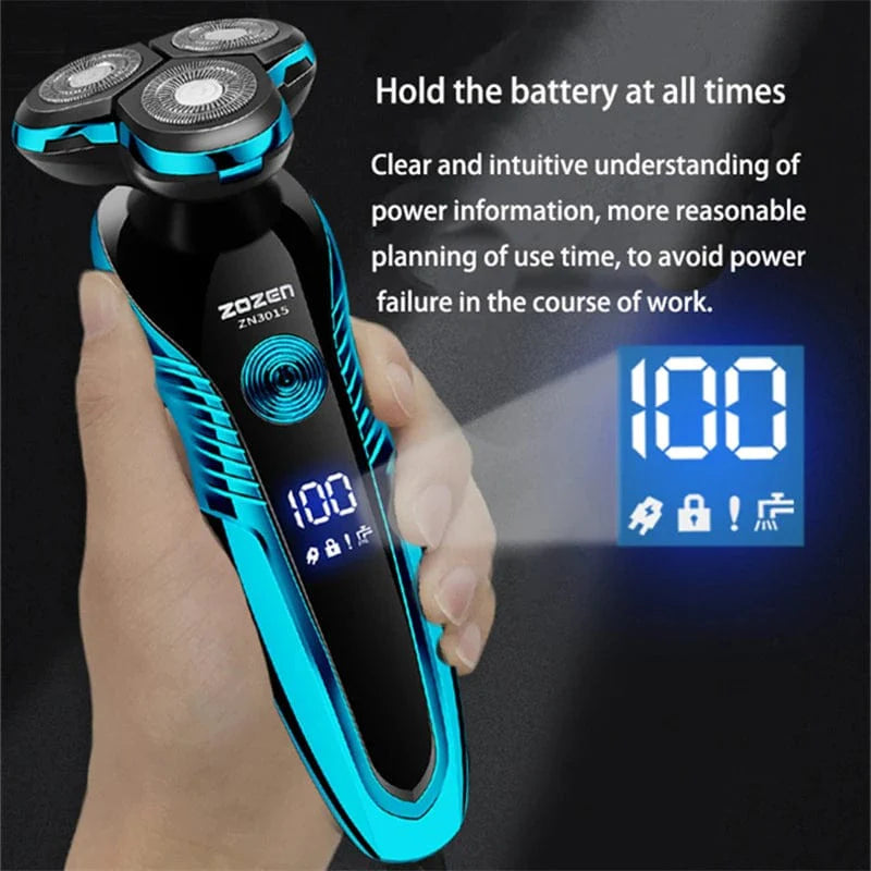 ZOZEN electric shaver for men, rechargeable rotary razor with wet and dry dual-use, featuring a sleek design and beard trimmer attachments.