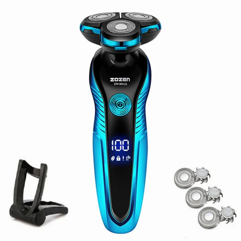 ZOZEN electric shaver for men, rechargeable wet and dry rotary razor with beard trimming and hair cutting blades.