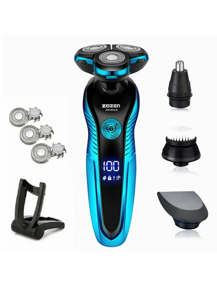 ZOZEN electric shaver for men with rotary blades, rechargeable wet and dry electric razor, showing the shaving head and handle.