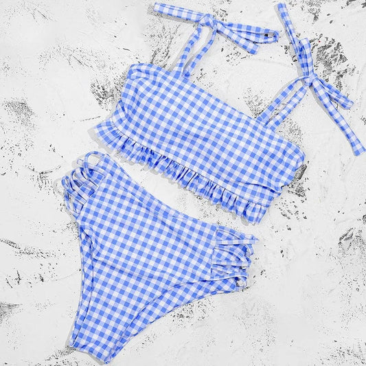 ZTVitality Blue Plaid Bikinis Push Up Bikini 2020 Newest Padded Bandage Swimsuit High Waist Cross Hollow Out Sexy Swimwear Women - SHOWLU FASHION STORE