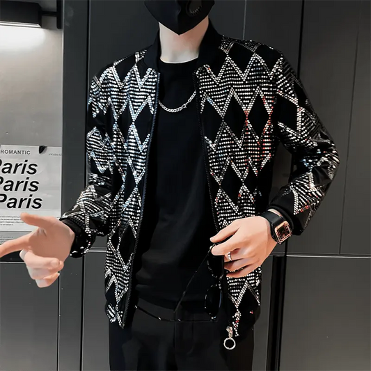 Showlu Fashion Store 0 Jas Men&#39;s New Diamond Plaid Jackets Men Hip Hop Y2K Bombers Jacket Night Club Stage Streetwear Thin Coat Clothing Veste Homme