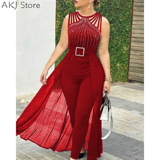 Anel Demosthene General Store 0 Red / M Women&#39;s Sexy Round Neck Rhinestone Sheer Mesh Sleeveless Jumpsuit With Belt