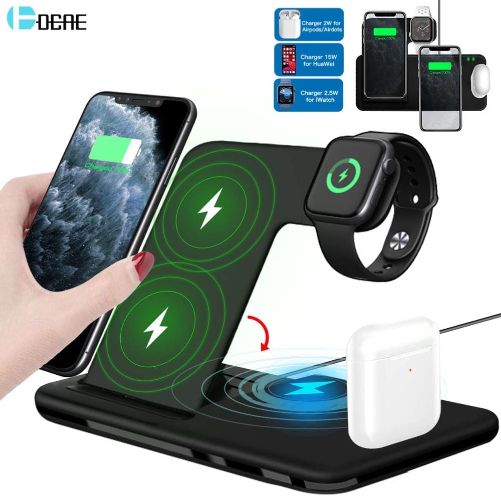 Showlu Fashion Store 0 15W Fast Wireless Charger Stand For iPhone 14 13 12 11 8 Apple Watch 4 in 1 Foldable Charging Station for Airpods Pro iWatch