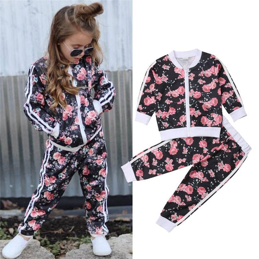 Showlu Fashion Store 0 4-5 Year / United States 3-7 Years Kids Baby Girl Clothes Set Floral Print Long Sleeve Sweatshirt Long Pants Outfits Toddler Autumn Tracksuit Clothing