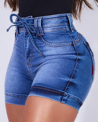 Showlu Fashion Store 0 A / S Casual High Waist Denim Shorts Pocket Zipper Tied Detail Design Above Knee Daily Women&#39;s Fashion Skinny Denim Short