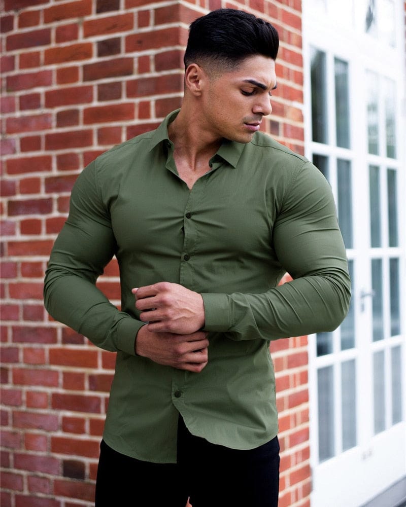 Showlu Fashion Store 0 Autumn Fashion Long Sleeve Shirt Men Super Slim Fit Male Casual Social Business Dress Shirt Brand Men Fitness Sports Clothing