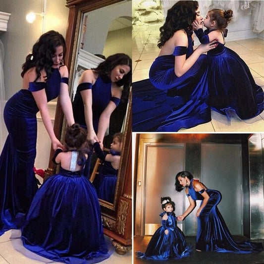 Showlu Fashion Store 0 Backless Velvet Flower Girls Dress 2020 Off The Shoulder Mother Daughter Dress Halter Royal Blue Long Vestidos Ball Gown