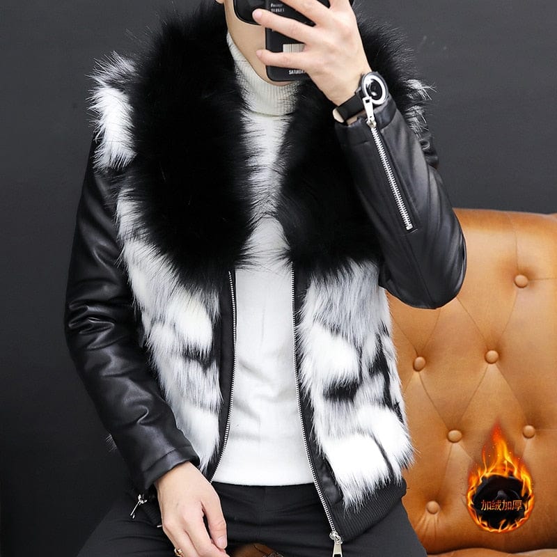 Showlu Fashion Store 0 Black / M HOO 2023 Men's Cool Fur Collar Leather Coat Youth Fleece Thickened Faux Fur PU Leather