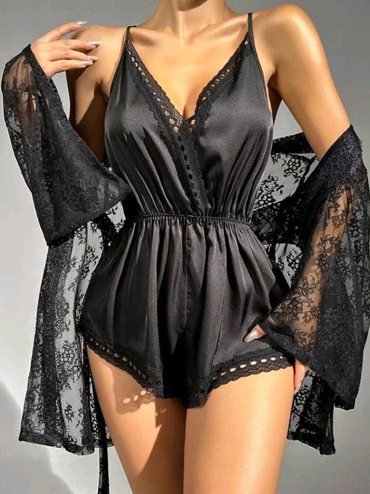 Showlu Fashion Store 0 Black / M Sleepwear woman Crisscross Backless Sleep Onesie With Lace Robe