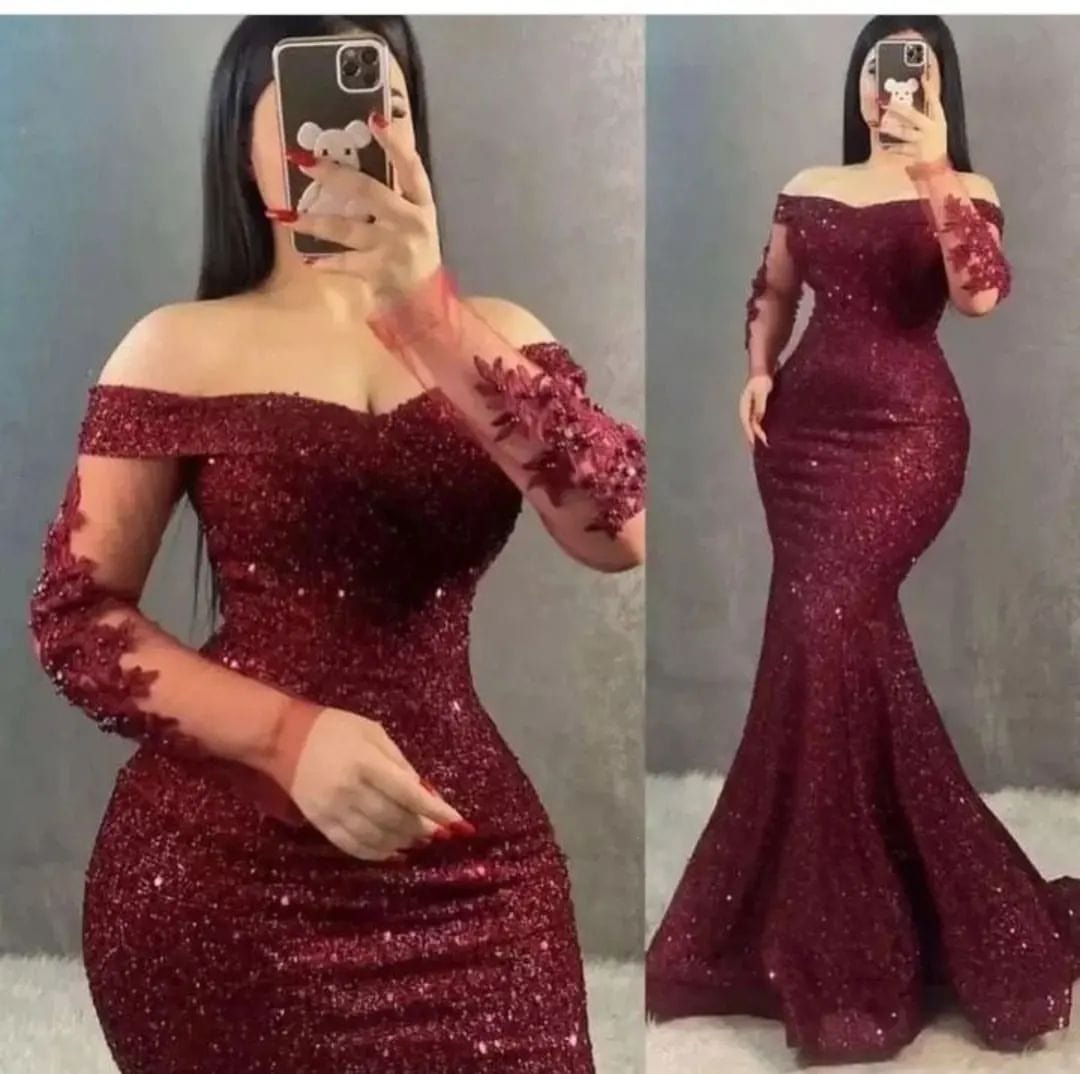 Showlu Fashion Store 0 Burgundy / 2 / China Glitter Burgundy Mermaid Evening Dresses Off the Shoulder Long Sleeves 3D Flowers Party Gowns Women Formal Prom Dress Plus Size