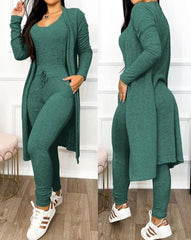 Showlu Fashion Store 0 C / S Two Piece Set Women Outfit 2023 Spring Fashion Drawstring Pocket Design U-Neck Sleeveless Skinny Jumpsuit & Long Sleeve Coat Set