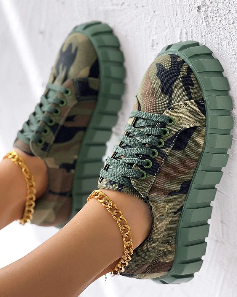 Showlu Fashion Store 0 Camouflage / 7 Women Shoes Casual Shoes Round Toe Sport Wear Camouflage Print Platform Lace-up Canvas Sneakers