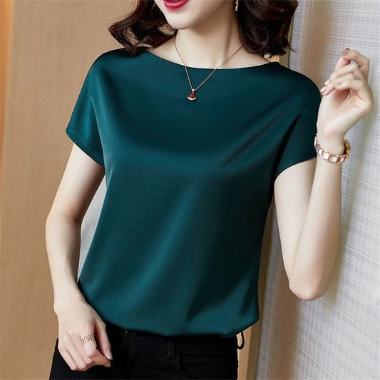 Showlu Fashion Store 0 green / M Office Lady Tops Summer Short Sleeve O-Neck Blouses Satin Blouse Women Shirts Simple Solid Casual Loose Shirt Blusas DF4904