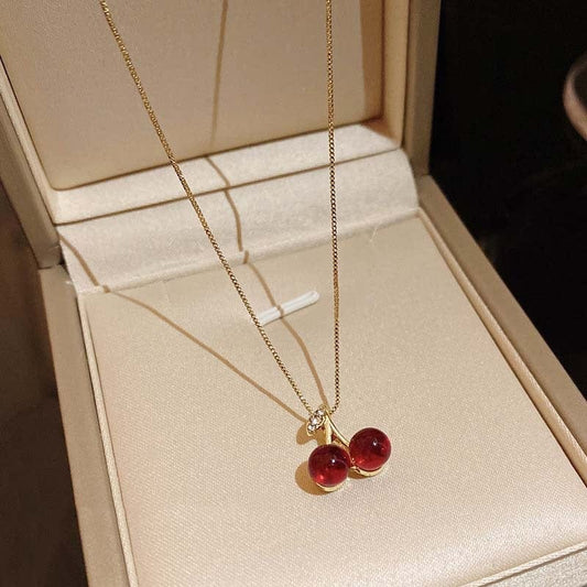 Showlu Fashion Store 0 GUFTM New Wine Red Cherry Gold Colour Pendant Necklace for Women Personality Fashion Necklace Wedding Jewelry Set Birthday Gifts