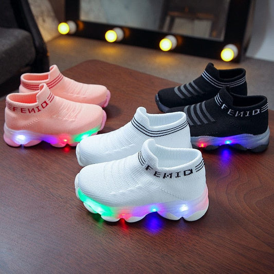 Showlu Fashion Store 0 Kids Sneakers Children Baby Girls Boys Letter Mesh Led Luminous Socks Sport Run Sneakers Shoes Sapato Infantil Light Up Shoes