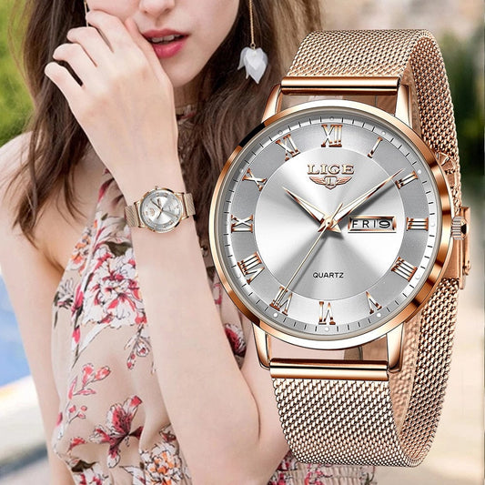 Showlu Fashion Store 0 LIGE Brand Women Watches Ultra-thin Luxury Quartz Watch Fashion Ladies Clock Stainless Steel Waterproof Calendar Week Wristwatch