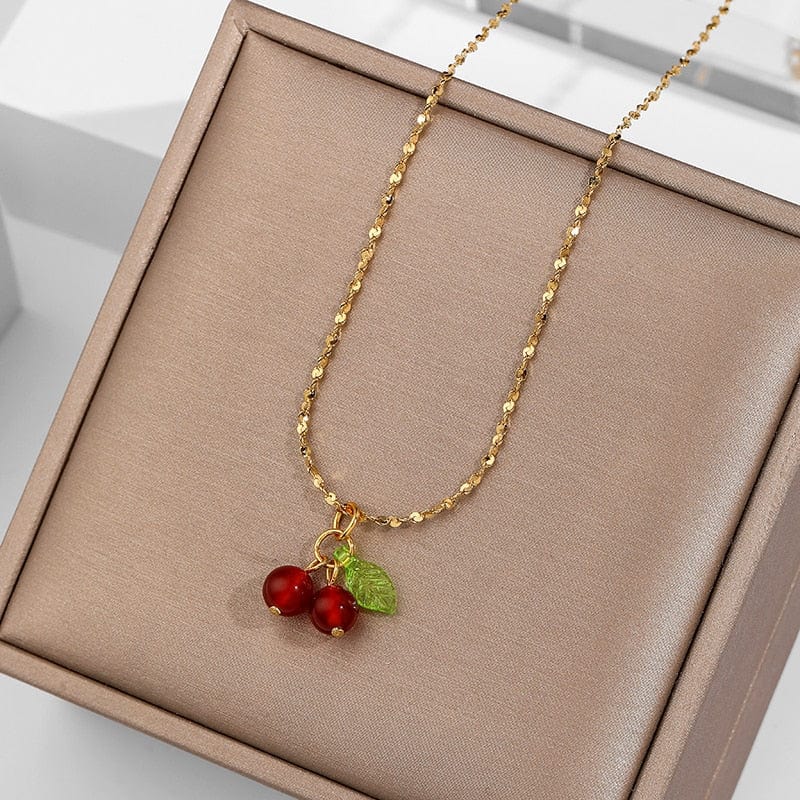 Showlu Fashion Store 0 Lovely cherry fruit necklace stainless steel fashion student jewelry necklace for girls ladies gift