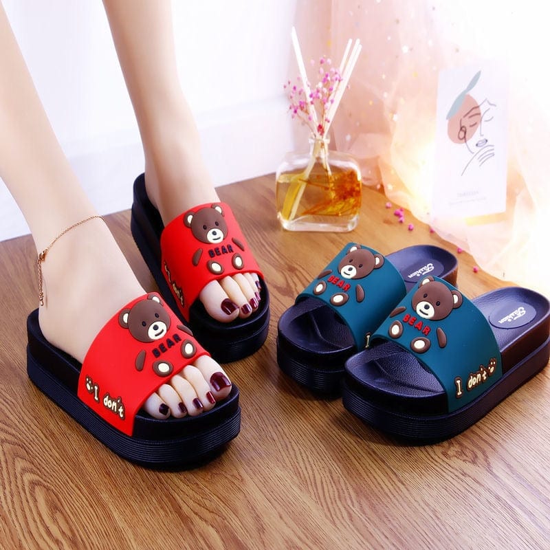 Showlu Fashion Store 0 New Summer High-heeled Thick Soled Slippers Women's Cute Cartoon Bear Heightening Sandals Shoes Woman Heels Summer Slipper Slide