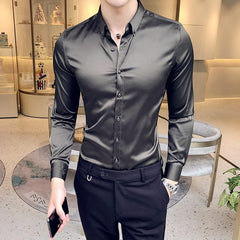 Showlu Fashion Store 0 Plain Long Sleeve Shirts and Blouses for Men Business Silk Summer Button Man Tops Fashion 2023 Social High Quality Clothing S I