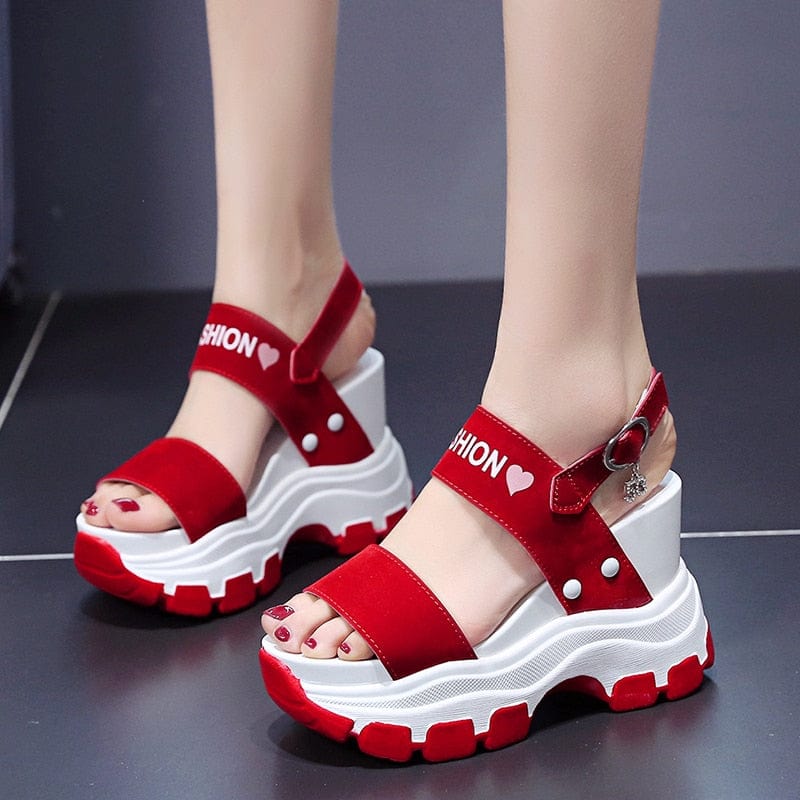 Showlu Fashion Store 0 Platform Sandals Sports New Summer Chunky High Heels Female Wedges Shoes for Women's Fish Toe Red Fashion Red Sandalia Feminina