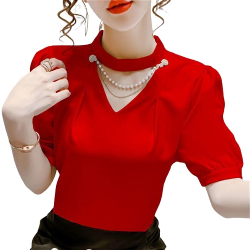 Showlu Fashion Store 0 Red / L Pearl Embellished Puff Sleeve Blouse