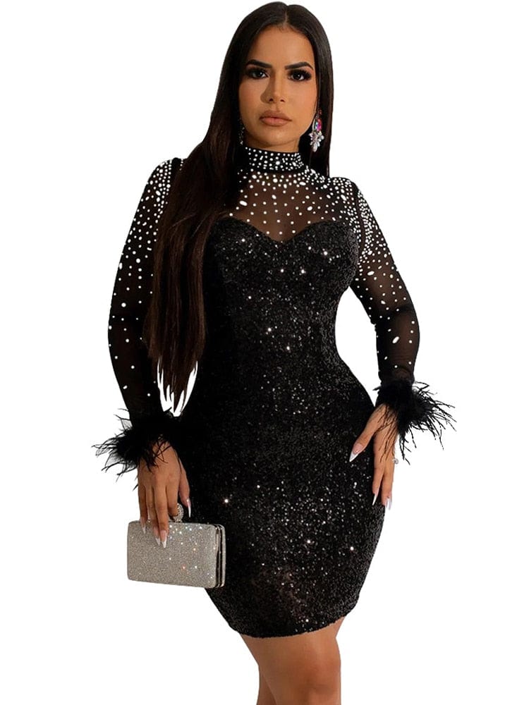 Showlu Fashion Store 0 Sexy Mesh Rhinestone Sequin Feather Prom Mini Dresses See Through Night Club Outfits Party Sexy Clubwear Diamond Short Dress