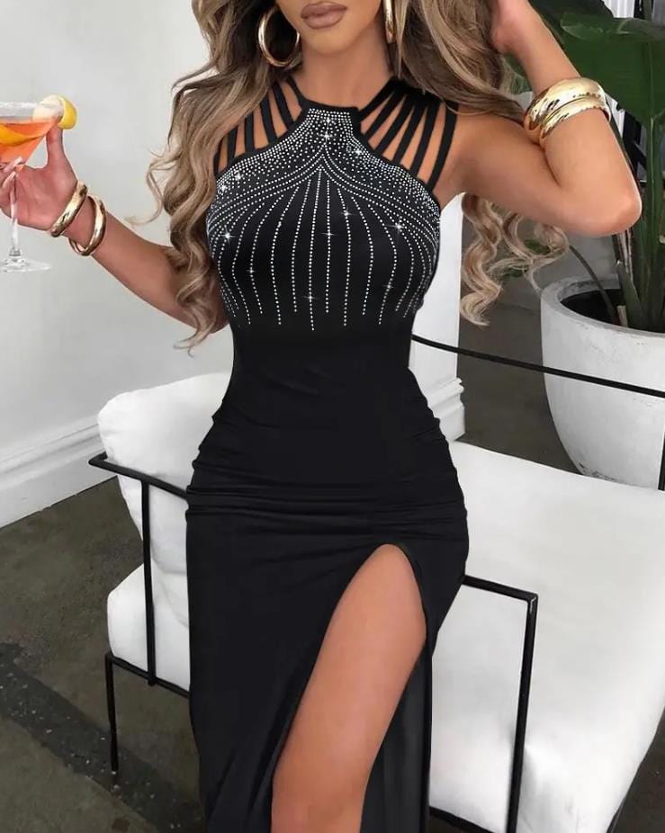 Showlu Fashion Store 0 Sexy Women Dresses Rhinestone Decor Elegant Fashion Multi-Strap High Slit O-Neck Sleeveless Maxi Skinny Party Dress 2022 Summer