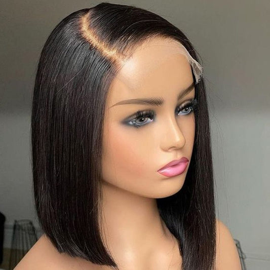  Showlu Fashion Store 0 Side Part Wig / 8inches / 180% Short Bob Human Hair Wigs Brazilian 13X1 T Part Straight Lace Wigs For Women Transparent Lace Pre Plucked Bone Bob Wig On Sale